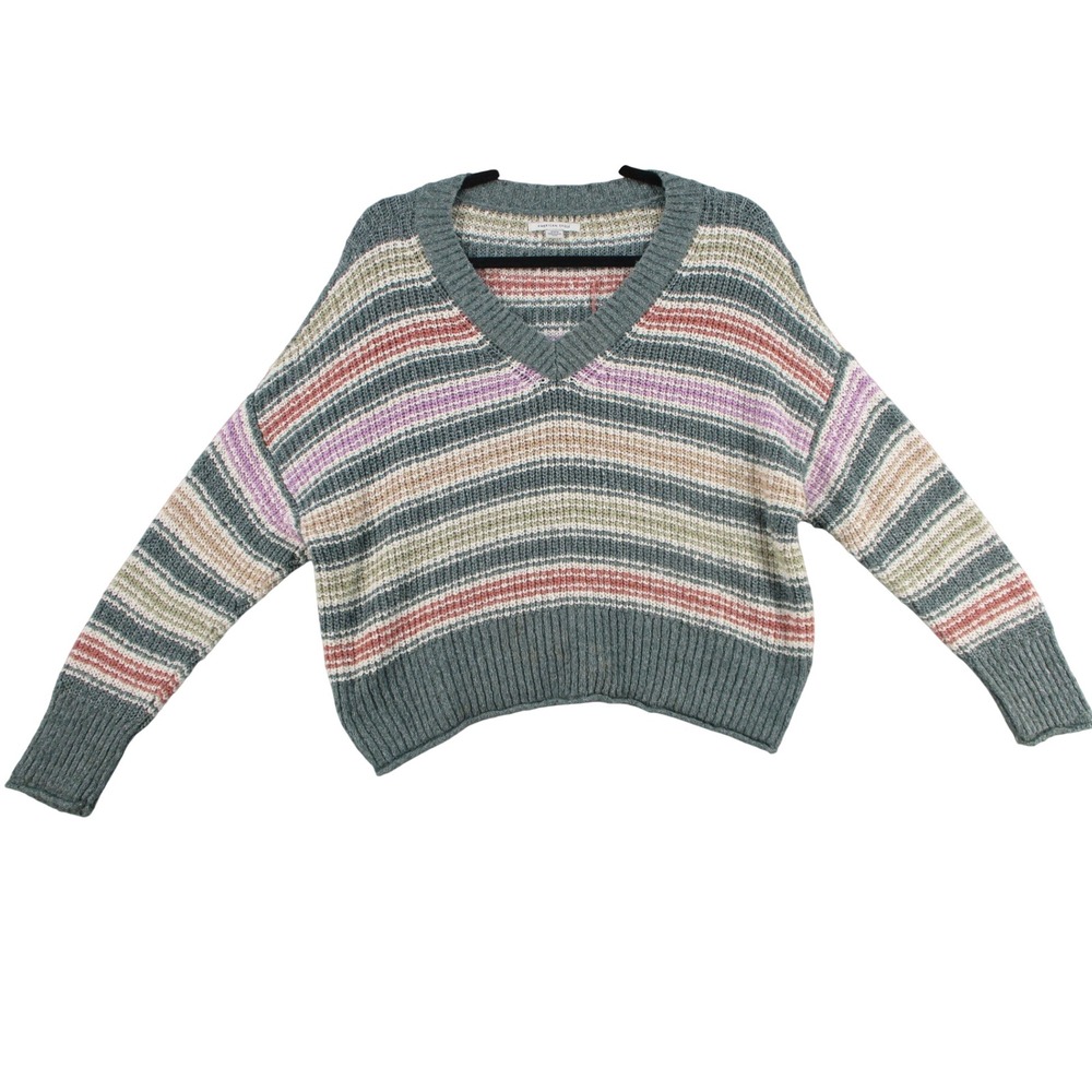 American Eagle Striped V-Neck Sweater Womens Medium Green Pink Knit Pullover